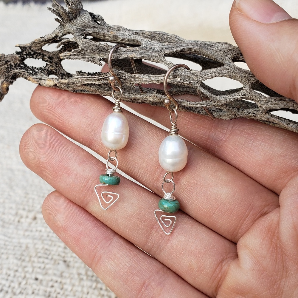 Handmade Large Pearl Turquoise Dangle Earrings